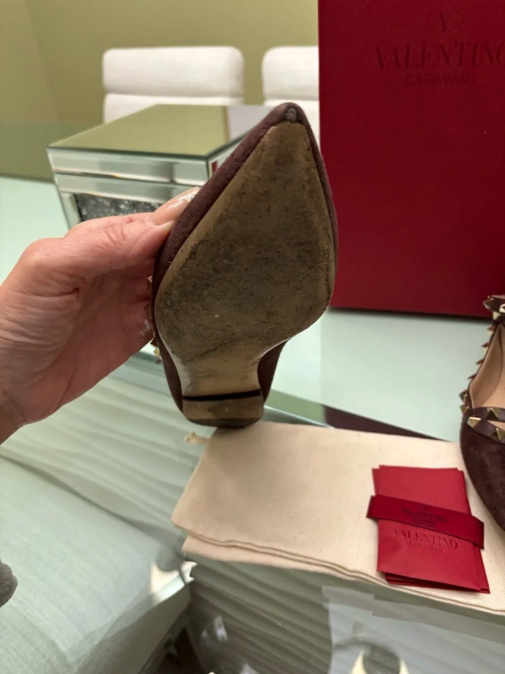 Authentic Valentino Brown Suede Rockstud Caged Pointed-Toe Flats